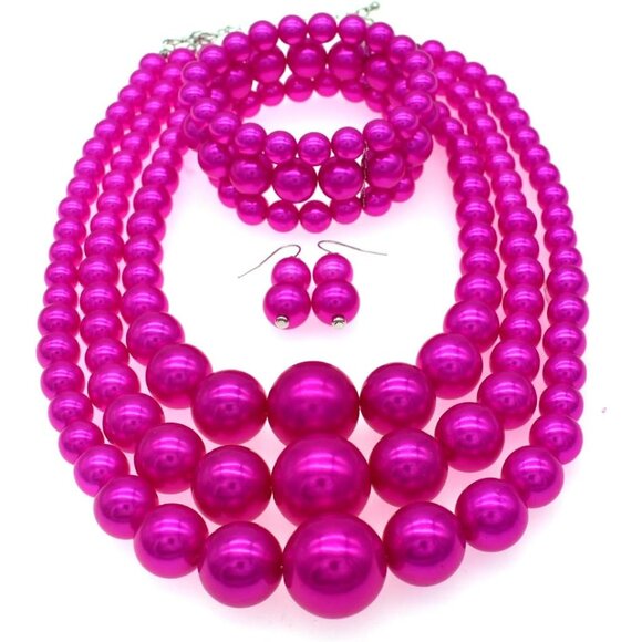 Faux Pearl Necklace and Earring Set Big Chunky Pearls Costume Jewelry - Picture 3 of 6